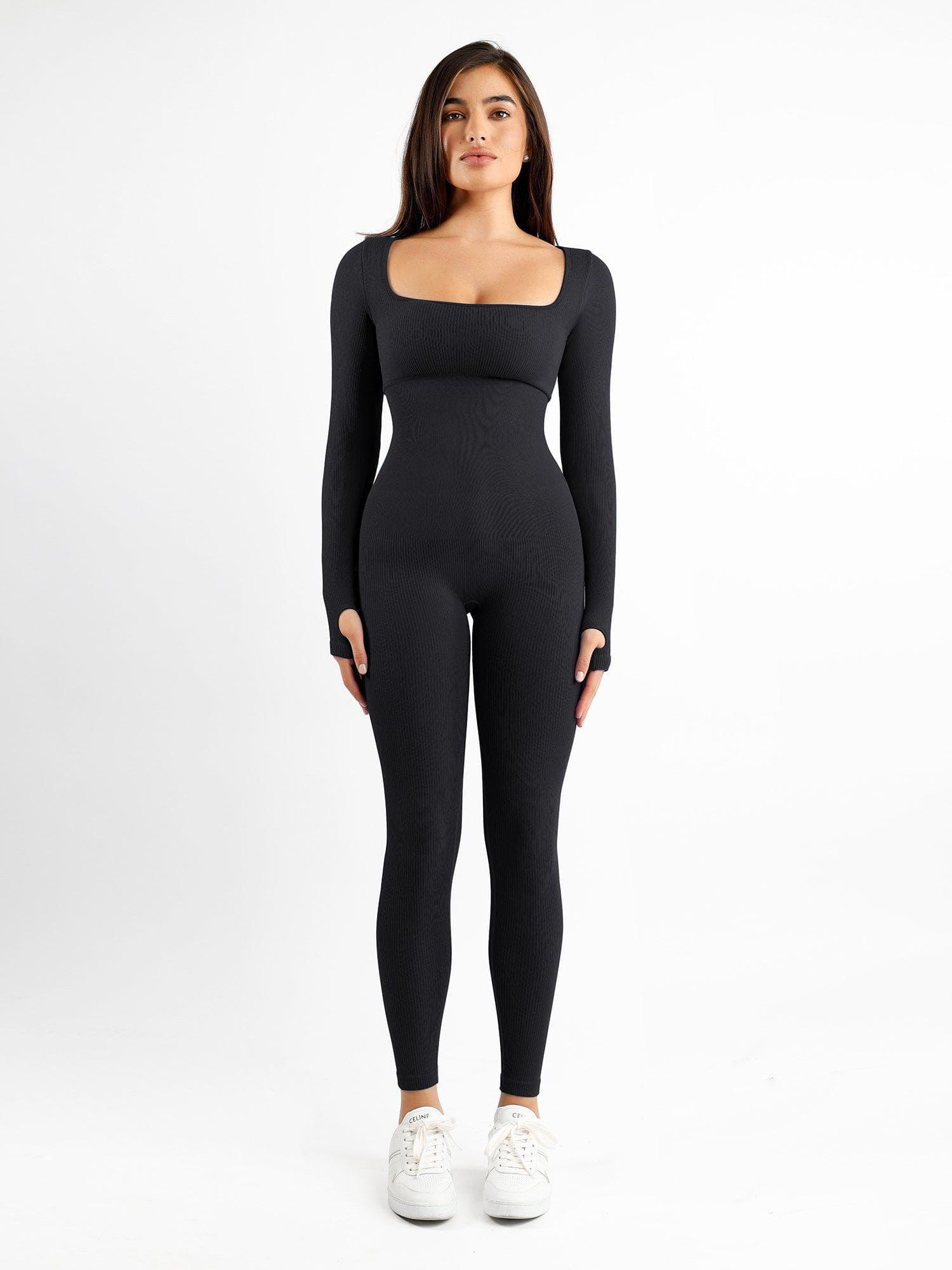 Galvier Naadloze Jumpsuit met Vierkante Hals, Lange Mouwen - Stijlvol & Comfortabel