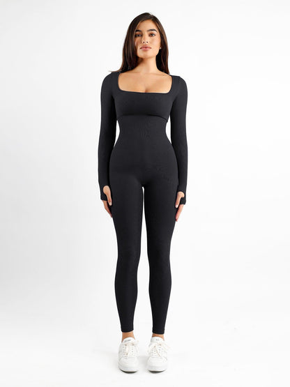Galvier Naadloze Jumpsuit met Vierkante Hals, Lange Mouwen - Stijlvol & Comfortabel