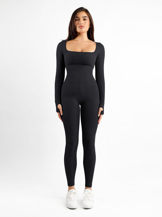 Galvier Naadloze Jumpsuit met Vierkante Hals, Lange Mouwen - Stijlvol & Comfortabel