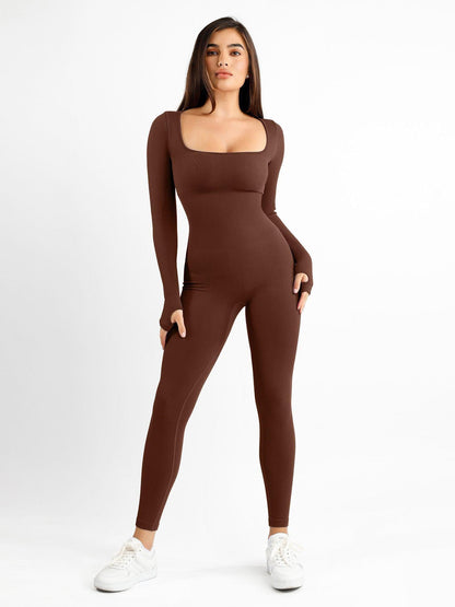 Galvier Naadloze Jumpsuit met Vierkante Hals, Lange Mouwen - Stijlvol & Comfortabel