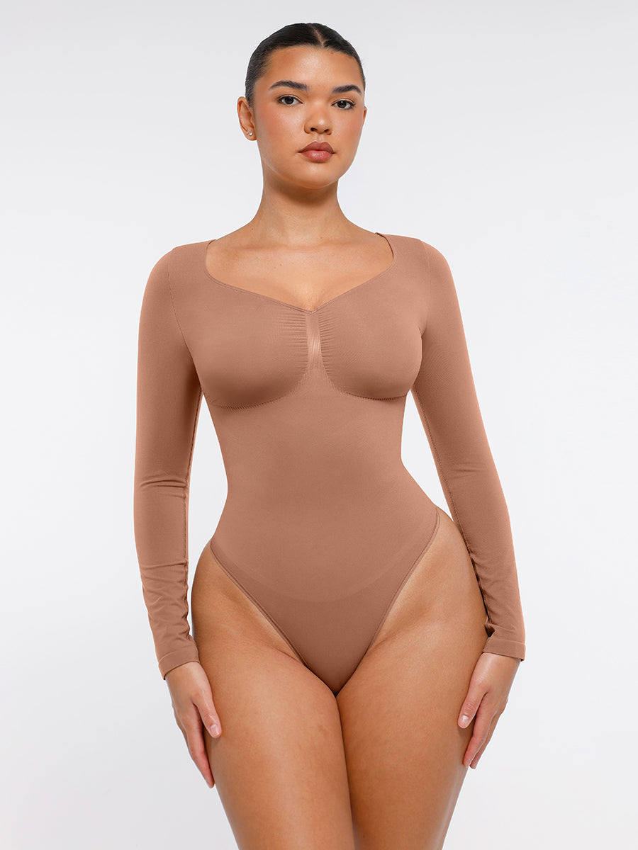 Naadloze Bodysuit Lange Mouwen Buikcontrole String Design Comfortabele Figuurvormende Top