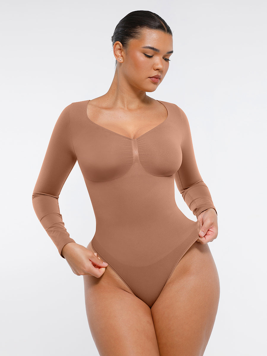 Naadloze Bodysuit Lange Mouwen Buikcontrole String Design Comfortabele Figuurvormende Top