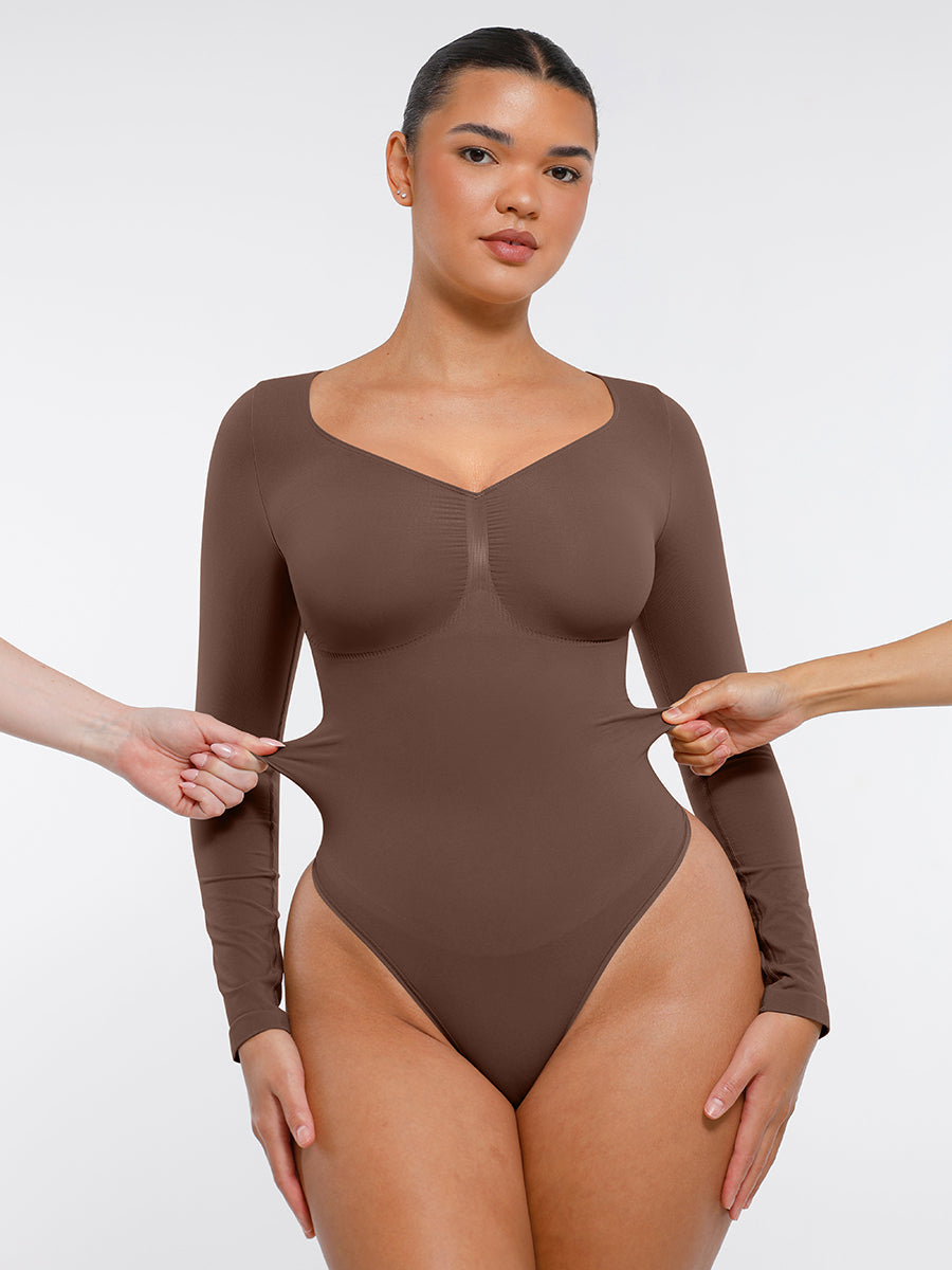 Naadloze Bodysuit Lange Mouwen Buikcontrole String Design Comfortabele Figuurvormende Top
