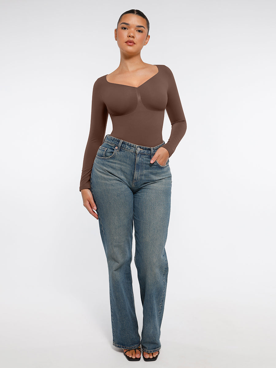 Naadloze Bodysuit Lange Mouwen Buikcontrole String Design Comfortabele Figuurvormende Top