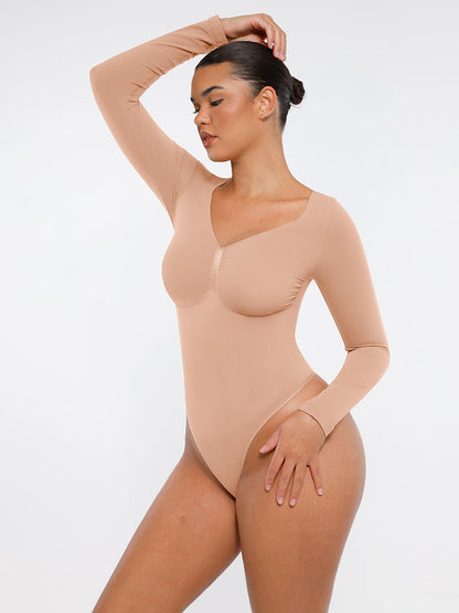 Naadloze Bodysuit Lange Mouwen Buikcontrole String Design Comfortabele Figuurvormende Top