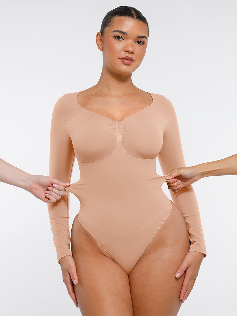 Naadloze Bodysuit Lange Mouwen Buikcontrole String Design Comfortabele Figuurvormende Top