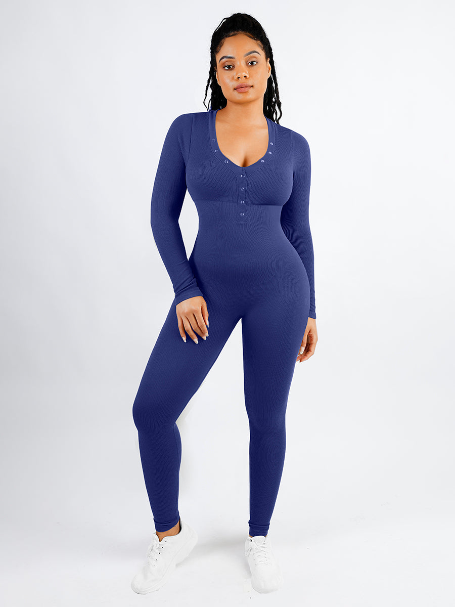 Elegante V-hals Jumpsuit met Buikcontrole Lange Mouwen Dames Comfort
