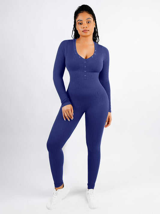 Elegante V-hals Jumpsuit met Buikcontrole Lange Mouwen Dames Comfort