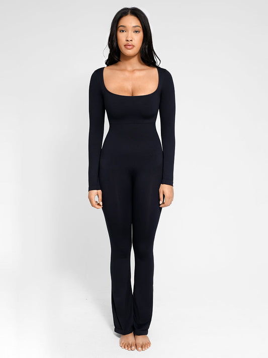 Elegante Jumpsuit met Lange Mouwen, Buikcontrole & Wijde Pijpen voor Dames